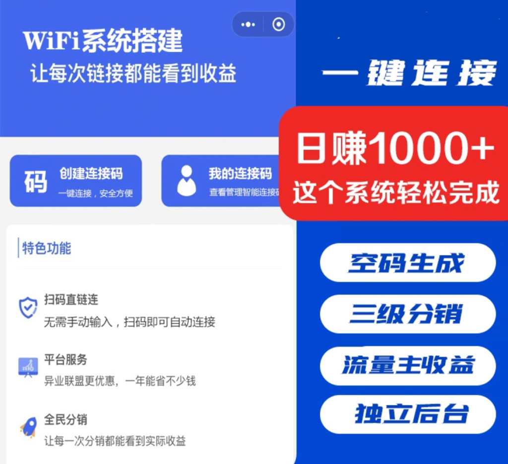 WiFi营销系统，共享WiFi，门店一键免密码连接WiFi，流量主分销系统-十一网创