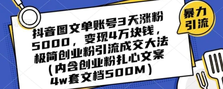 抖音图文单账号3天涨粉5000，变现4万块钱，极简创业粉引流成交大法-十一网创