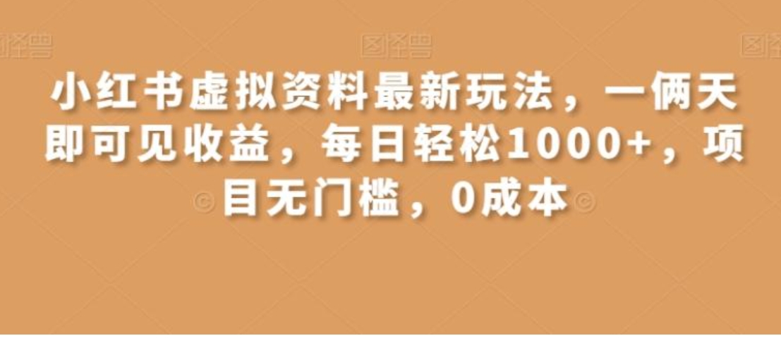 小红书虚拟资料最新玩法，一俩天即可见收益，每日轻松1000+，项目无门槛，0成本-十一网创