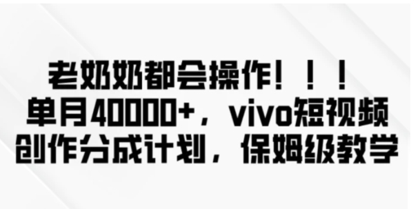 老奶奶都会操作，新平台无脑操作，单月40000+，vivo短视频创作分成计划【揭秘】-十一网创