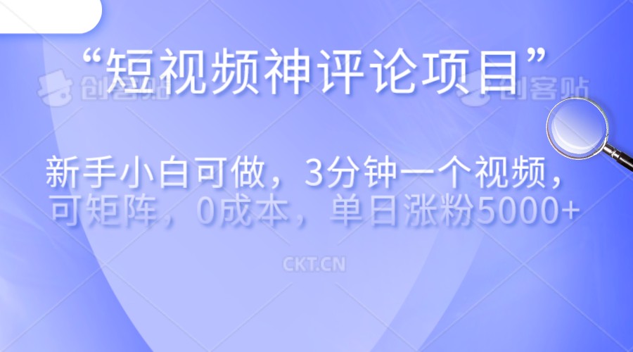 短视频神评论，一天收益500+，新手小白也可操作，长期项目，纯利润-十一网创