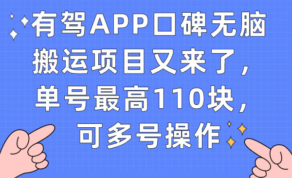 《有驾APP口碑无脑搬运项目》单号最高110块，可多号操作-十一网创