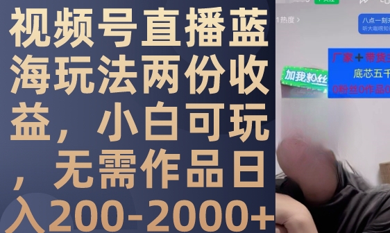 视频号直播蓝海玩法两份收益，小白可玩，无需作品日入200-2000+-十一网创