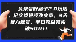 （9488期）头条号野路子2.0玩法，纪实类视频改文章，3天暴力起号，单日收益轻松破500+-十一网创