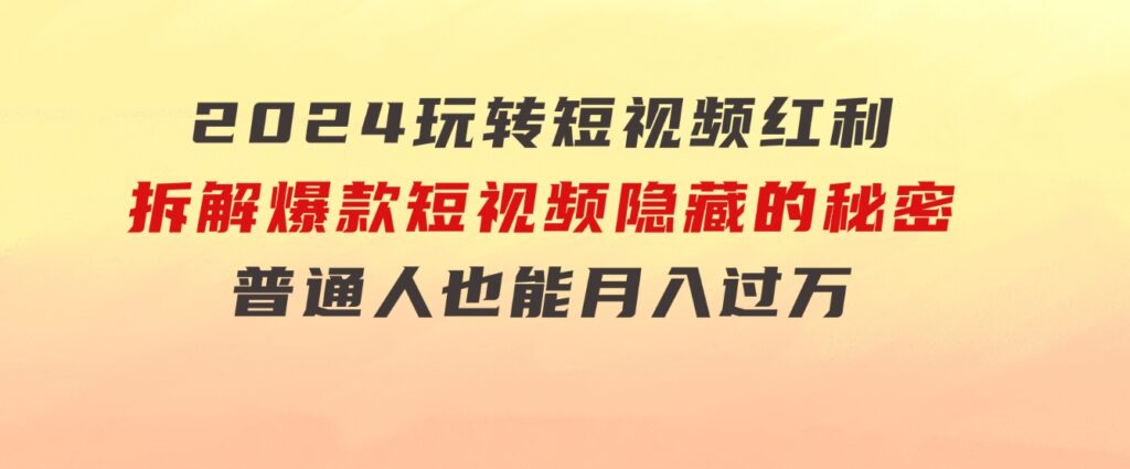 2024玩转短视频红利，拆解爆款短视频隐藏的秘密，普通人也能月入过万-十一网创