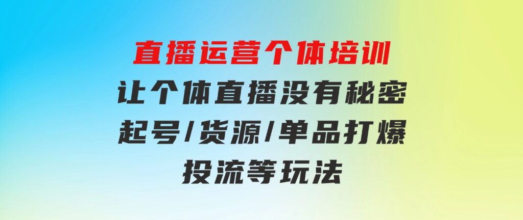 直播运营个体培训，让个体直播没有秘密，起号/货源/单品打爆/投流等玩法-十一网创