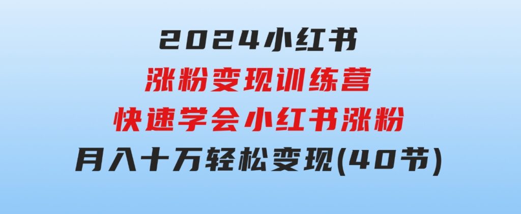 2024小红书涨粉变现训练营，快速学会小红书涨粉，月入十万轻松变现(40节)-十一网创