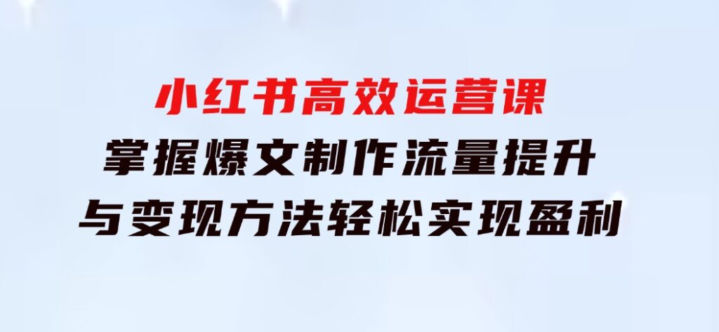 小红书高效运营课：掌握爆文制作、流量提升与变现方法，轻松实现盈利-十一网创