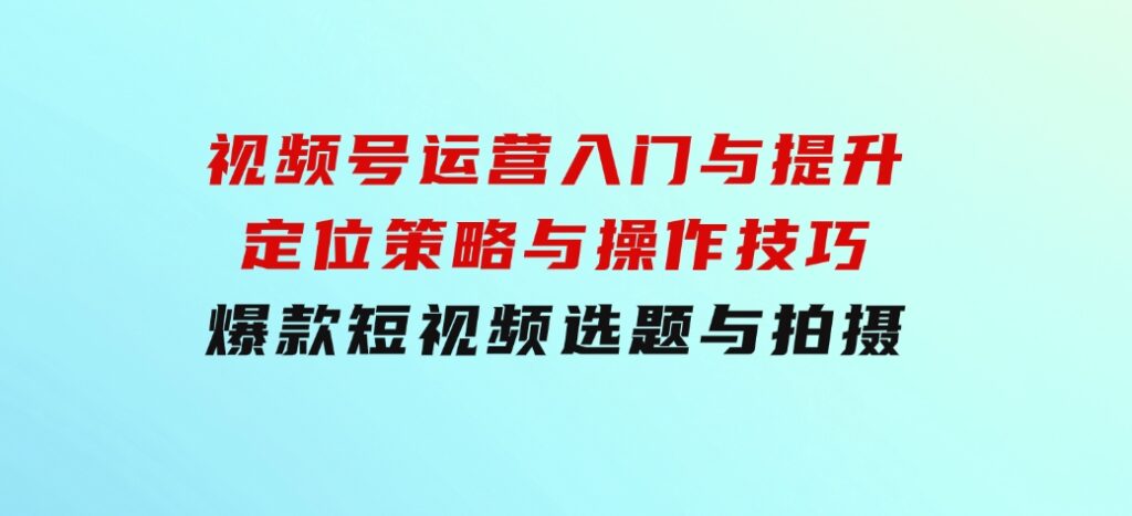 视频号运营入门与提升：定位策略与操作技巧，爆款短视频选题与拍摄-十一网创