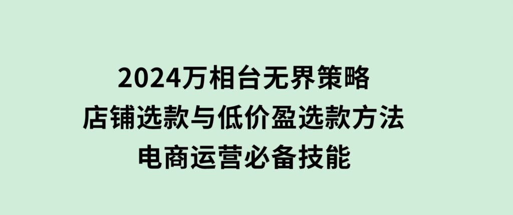 2024万相台无界策略，店铺选款与低价盈选款方法，电商运营必备技能-十一网创